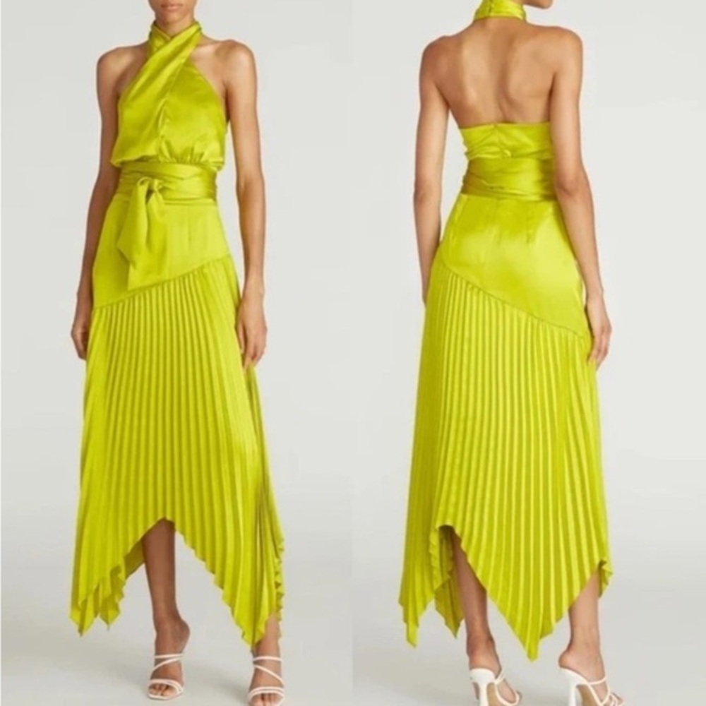 NWT AMUR Lime Green Asymmetrical Halter Pleated Dress